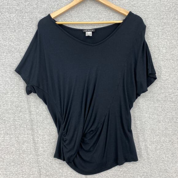 Venus Blouse Womens Medium Black Cold Shoulder Ruched Side Short Sleeve Sexy - Picture 1 of 11